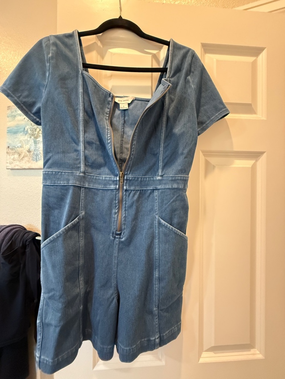 Blue Denim Zip-Front Short Romper - Picture 3 of 4